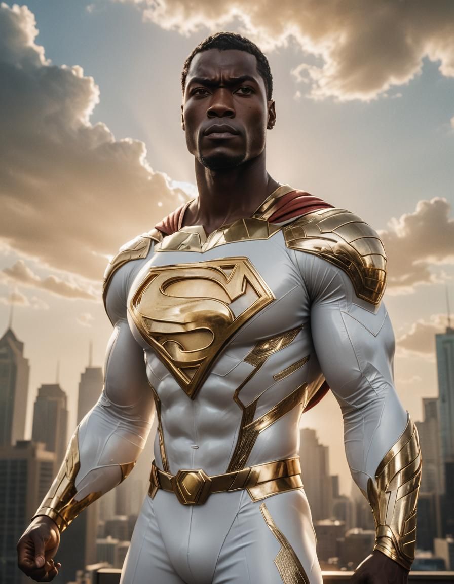 A powerful and regal African Superman stands tall, clad in a...
