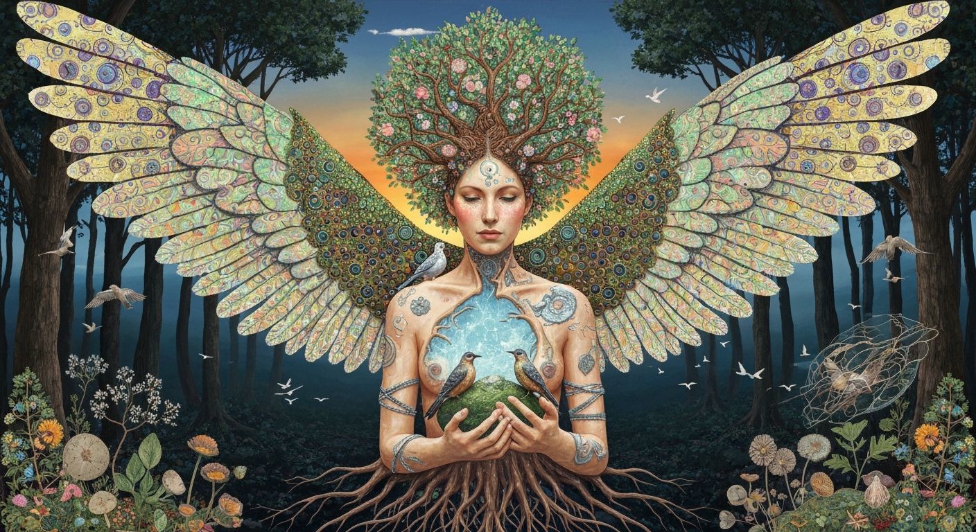 Fragmented Sculpture of Winged Woman in Klimt Style