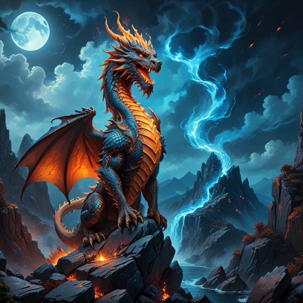 Majestic Fire Dragon on Rocky Precipice