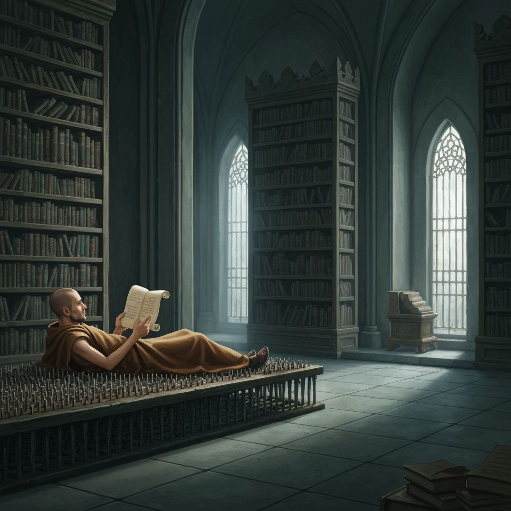 Monk Reading on Bed of Nails in Library