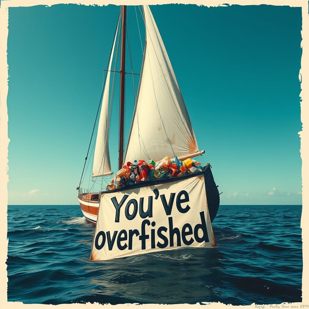 Sailboat Navigates Plastic-Filled Waters in Dystopian Style