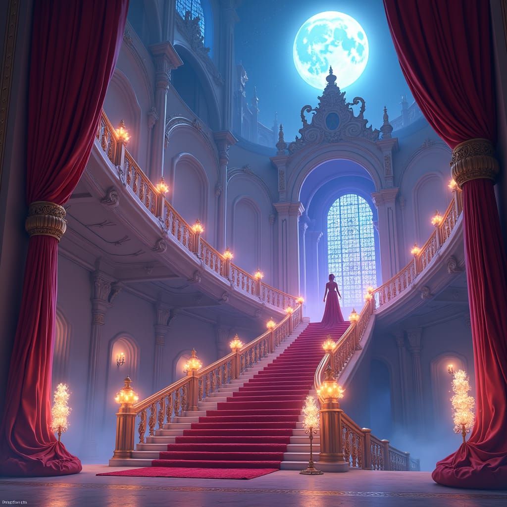 Elegant Queen in Baroque Palace Under Starry Night