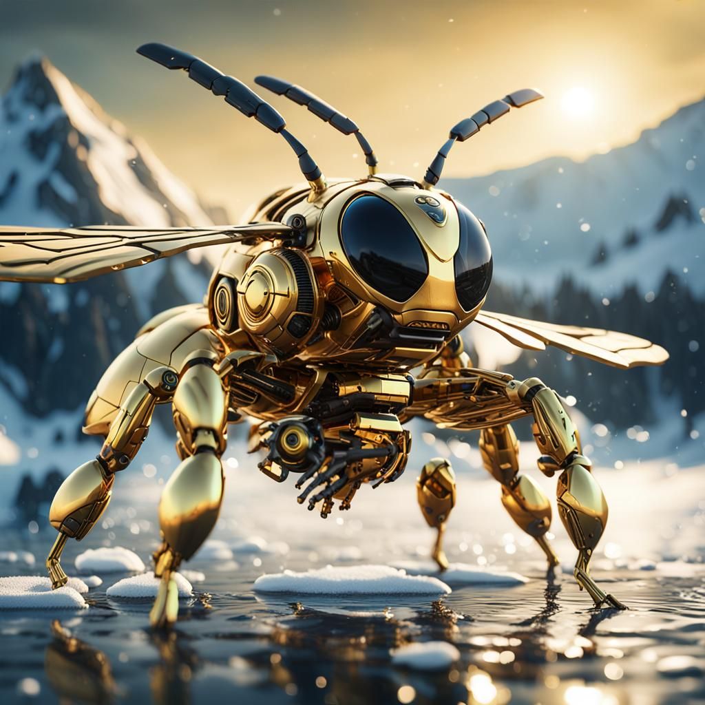 Futuristic Metal Bee Flying Over Mountain Lake