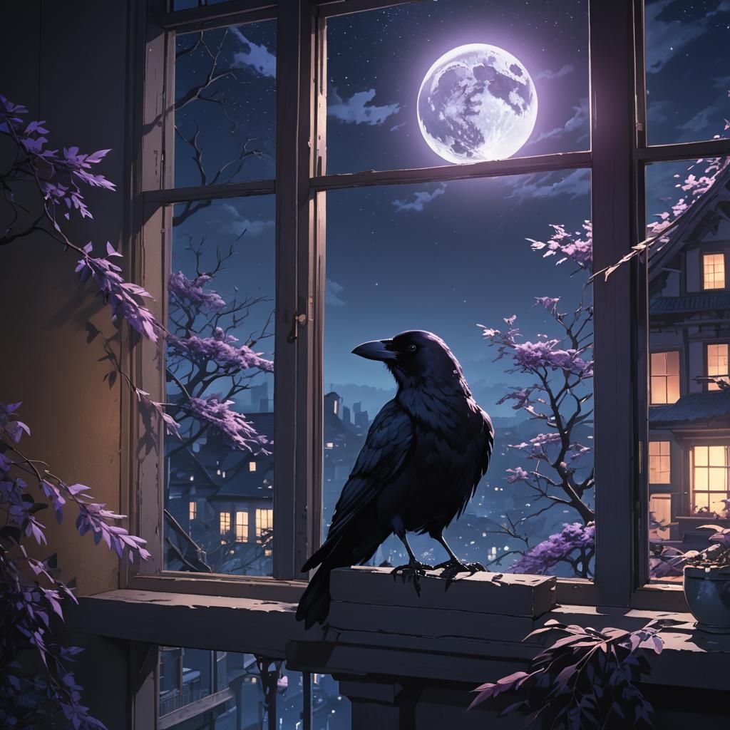 Ethereal Crow Perched on Windowsill: Anime Key Visual