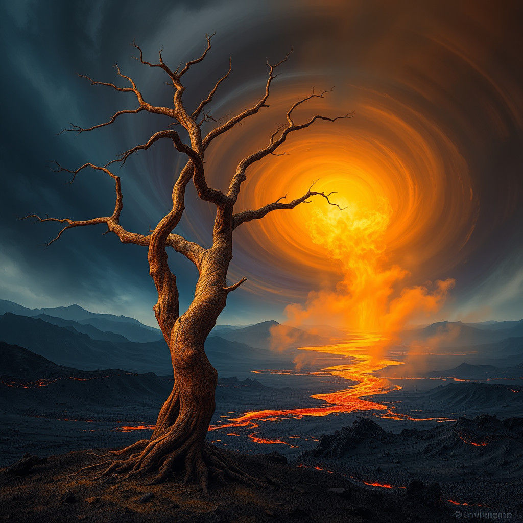 Twisted Tree Amidst Volcanic Ruins in Illinois