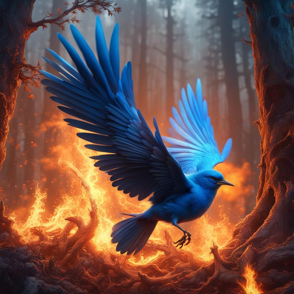 Blue Bird Escapes Burning Forest: Detailed Matte Painting