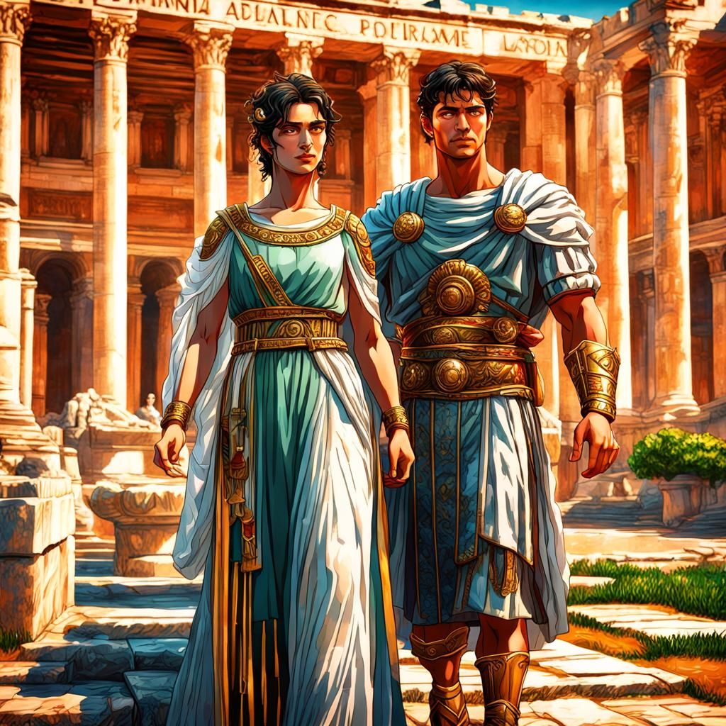 Anime-Style Roman Couple in Lush Gardens