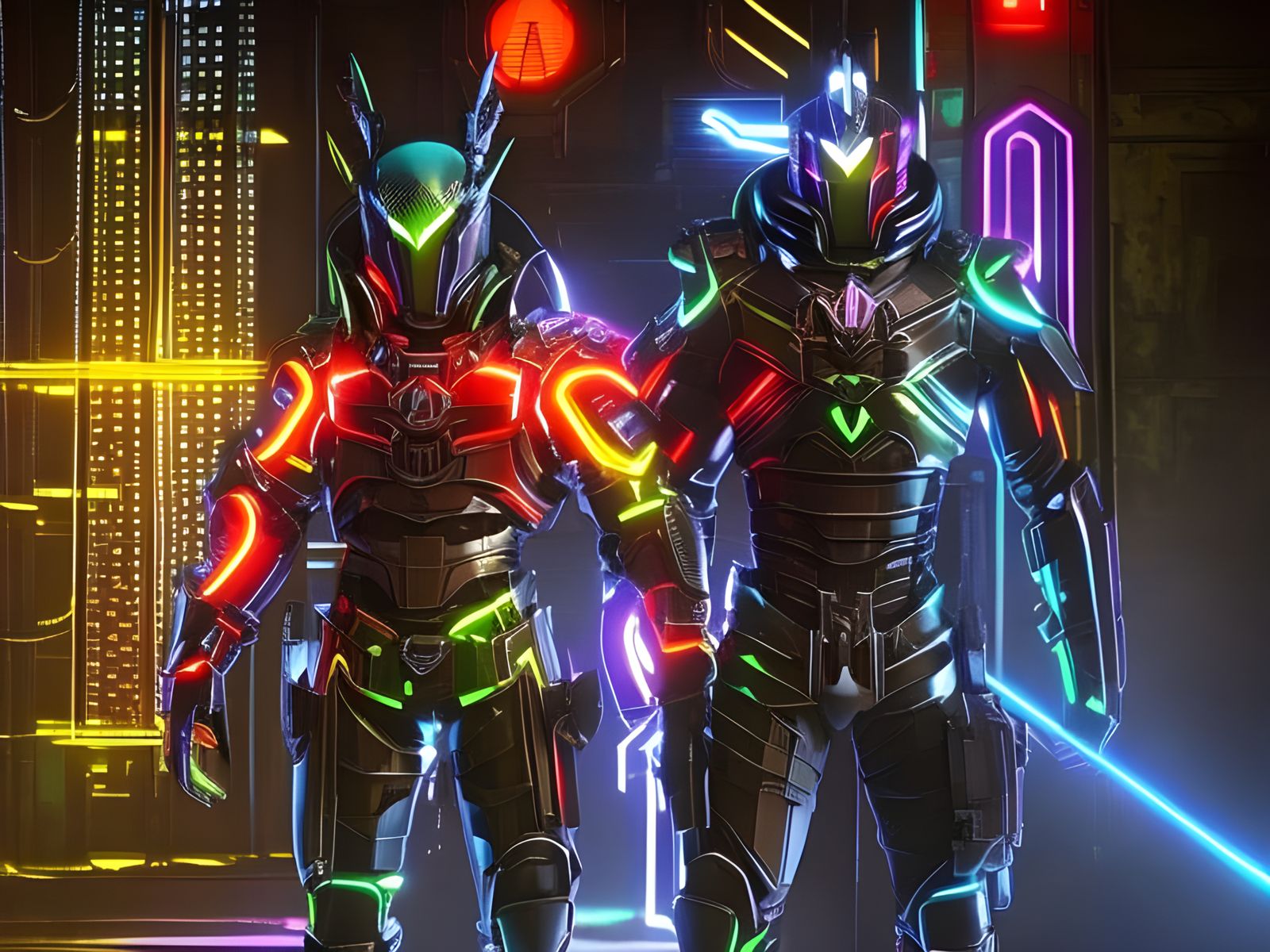 Cyberpunk Neon Knight in Dark Fantasy Armor