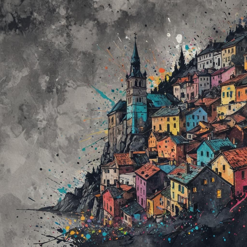 Colorful Splash Paint Town Between Mountains