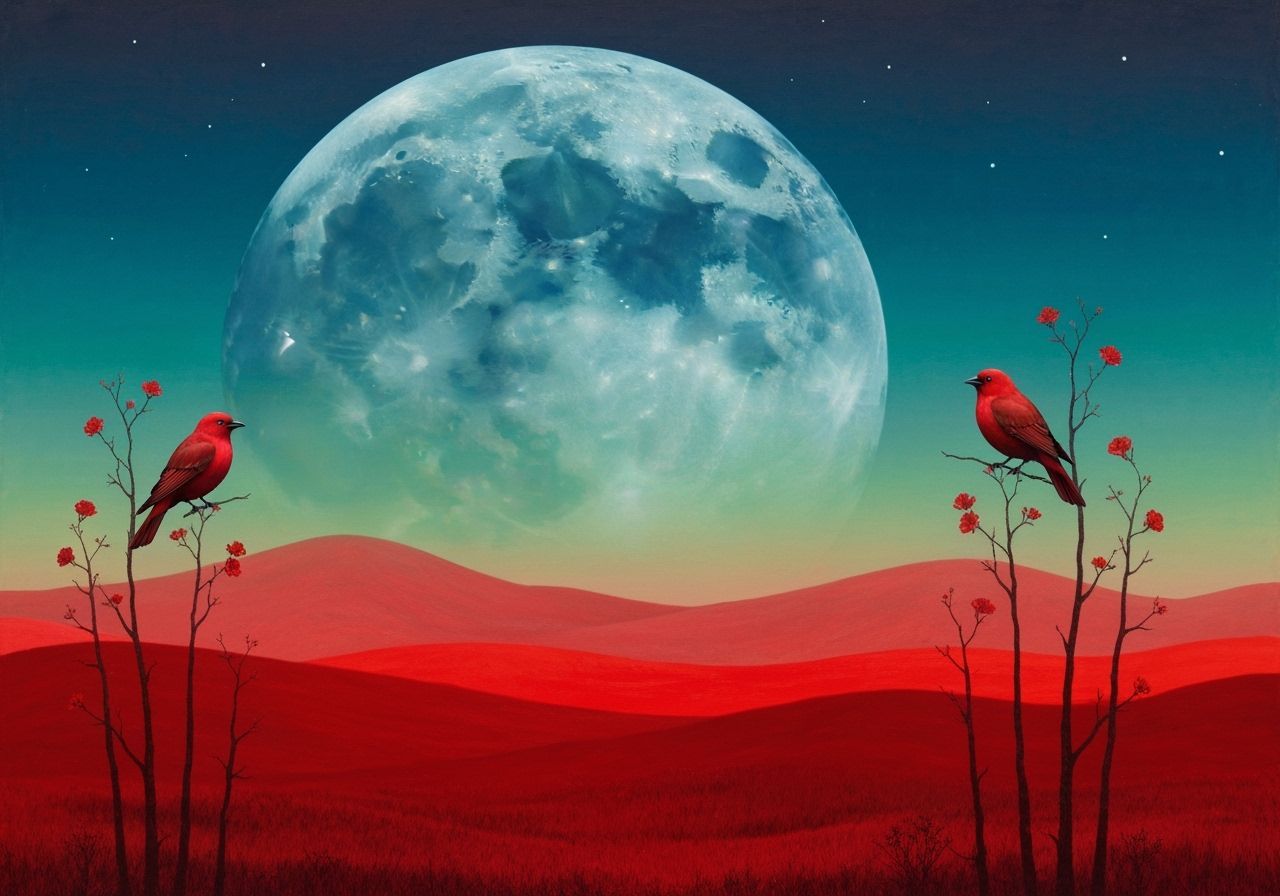 Surreal Nightscape With Red Birds and Moonlit Sky