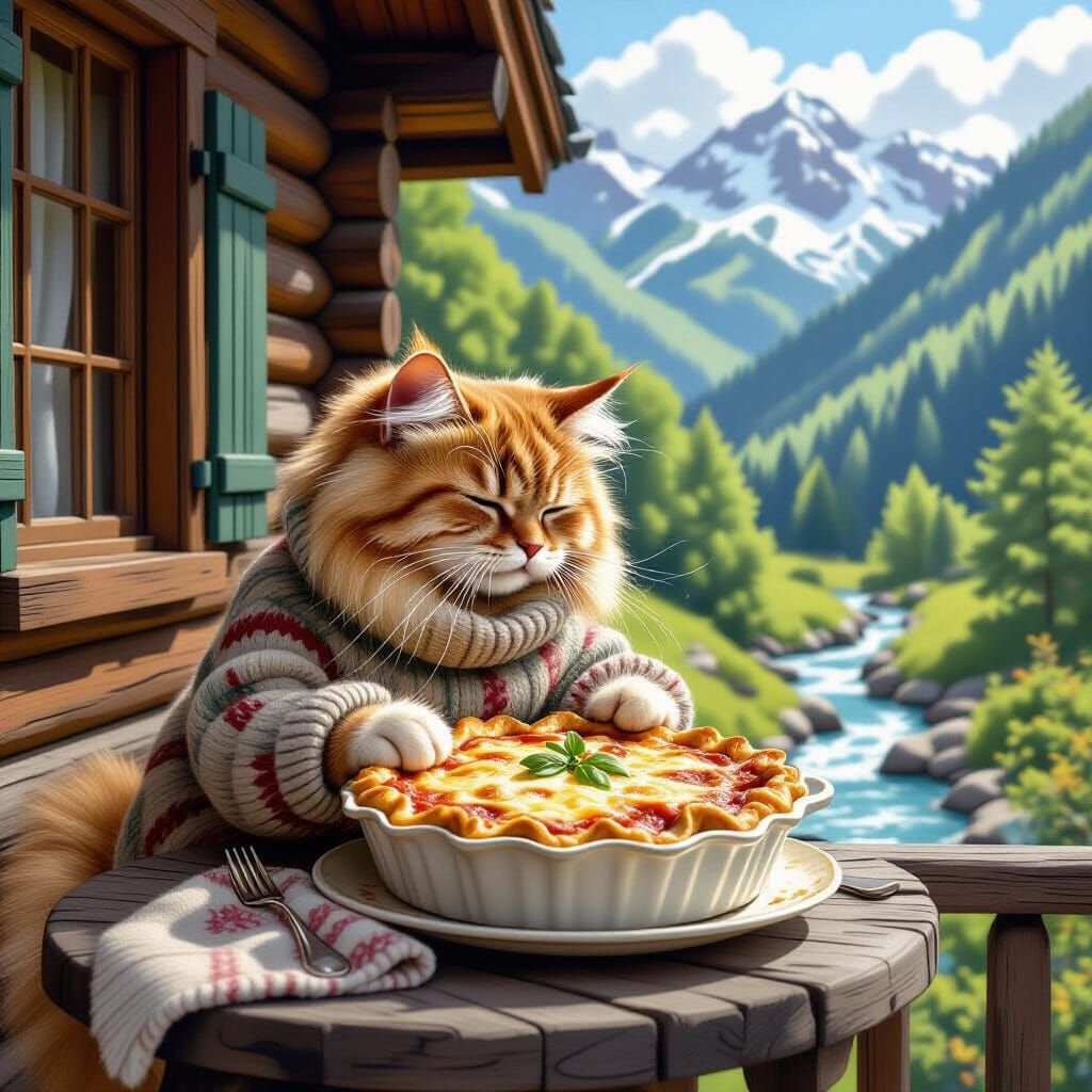 Cozy Cat Devouring Lasagna, Storybook Illustration