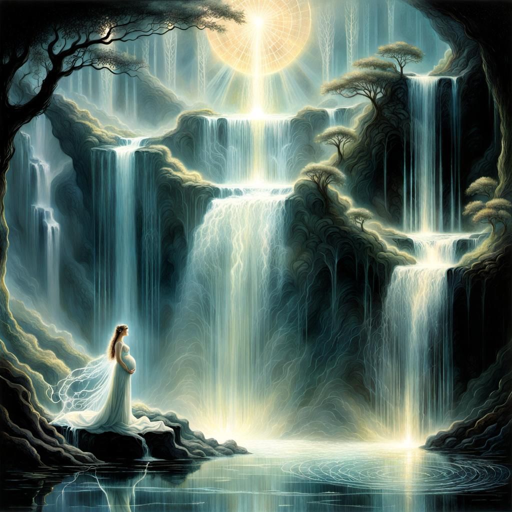 Pregnant Elf Woman at Fractal Waterfall: Suminagashi Art