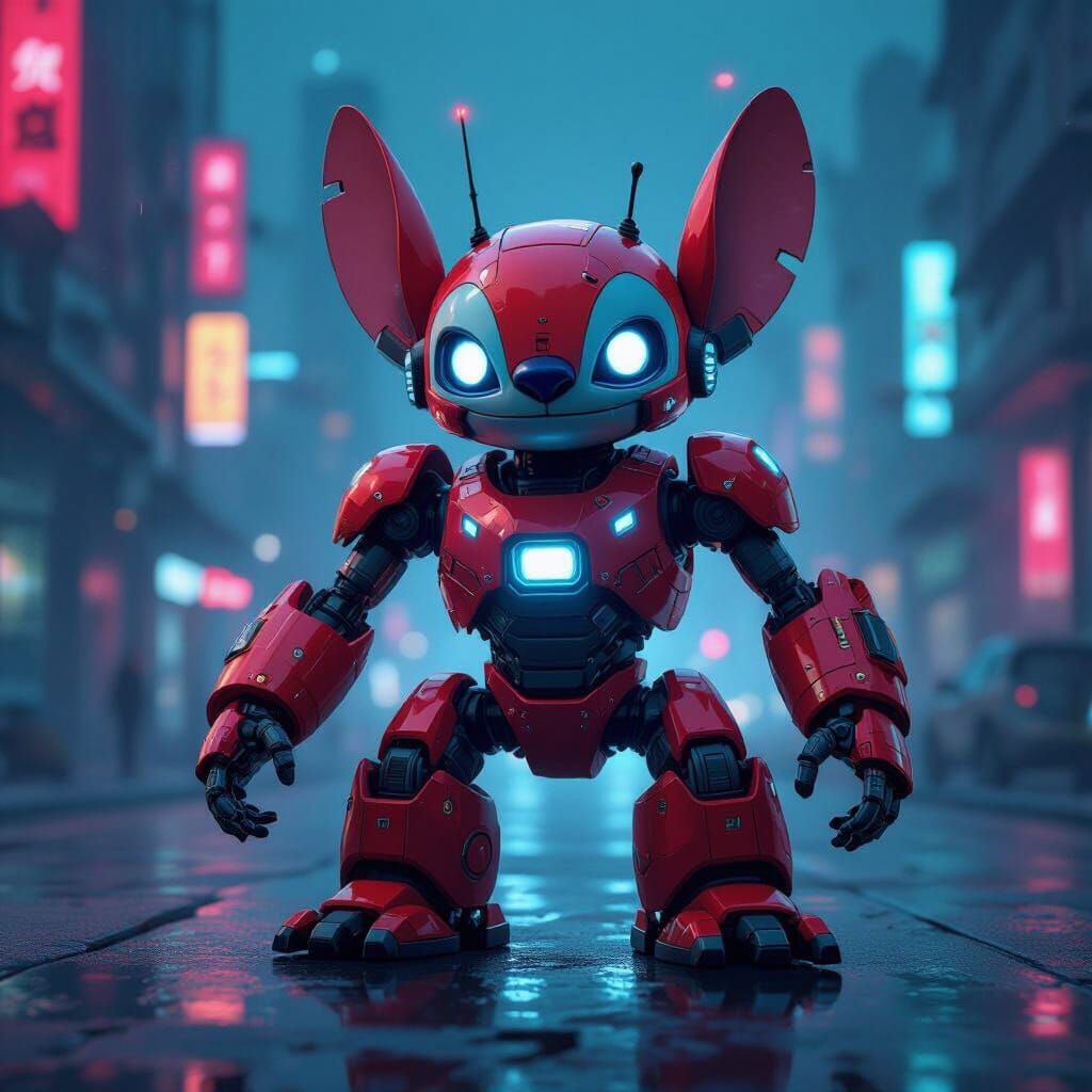 Stitch as a Red High-Tech Robot in Cyberpunk City