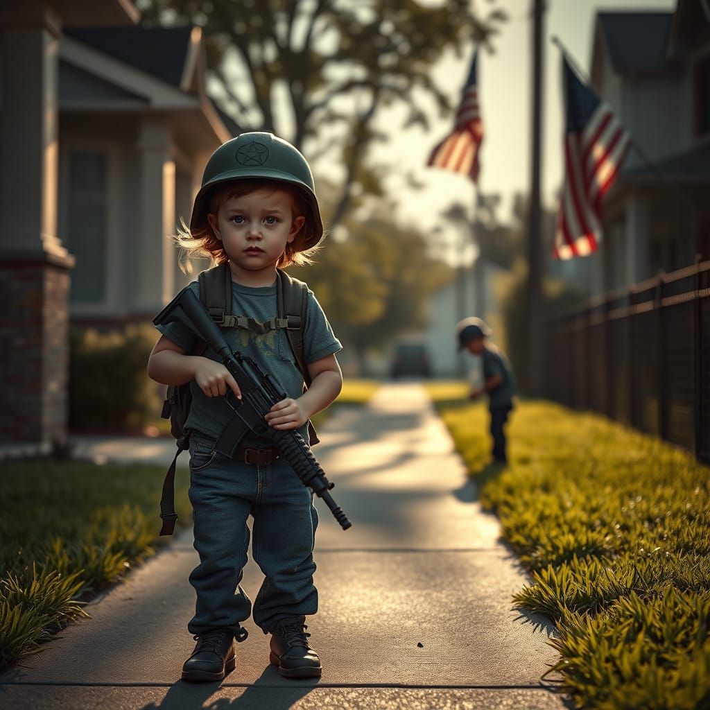 Suburban Children Prepare for War in Hyperrealistic Scene