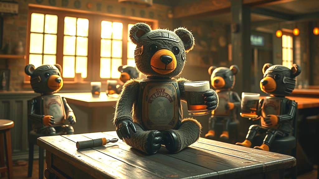 Beer Bottle Bear in Pub: Detailed Matte Painting