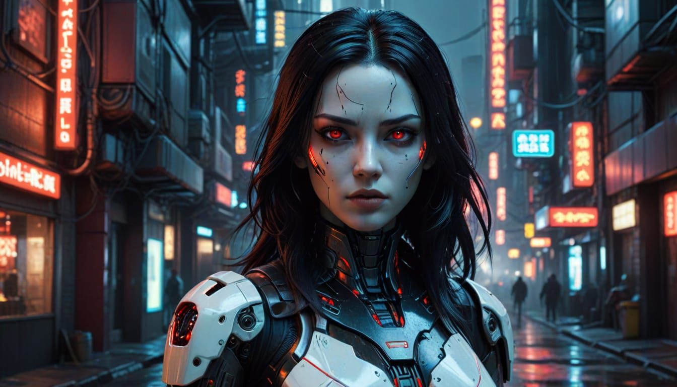 Hyperrealistic Android in a Cyberpunk Cityscape