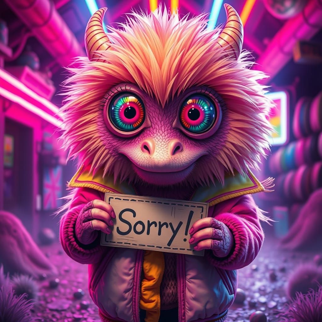 Fluffy Apologetic Mythical Creature in Neon Fantasy World