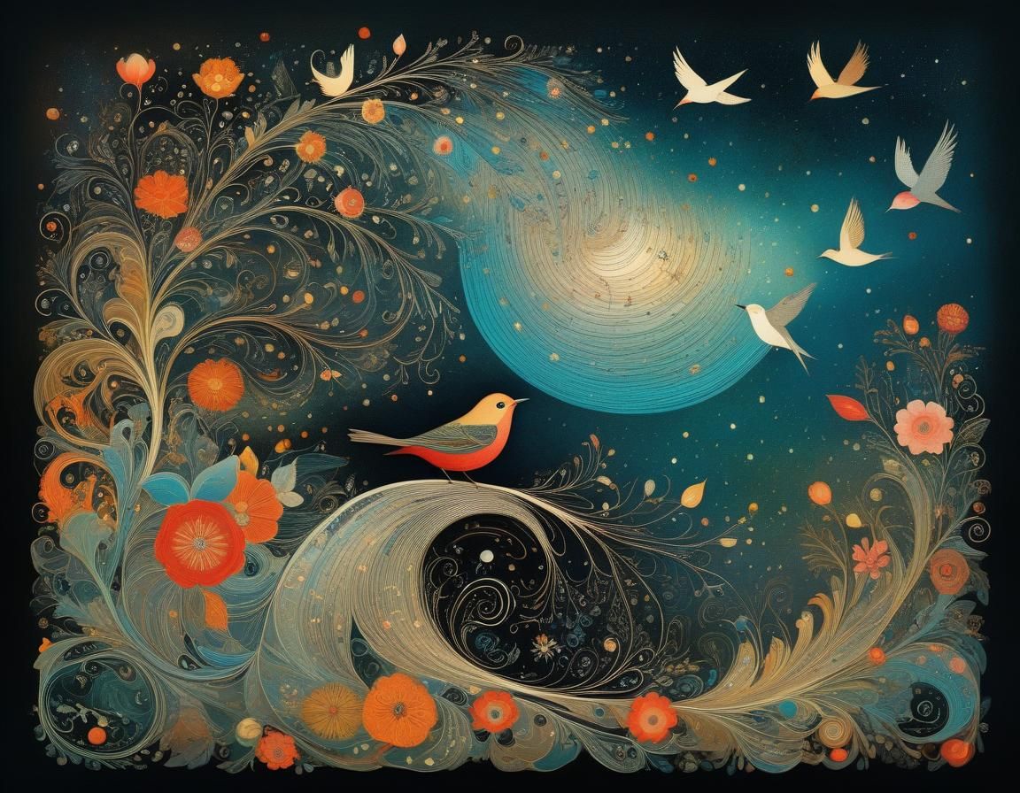 Birds Ascending in Whimsical Collage Art