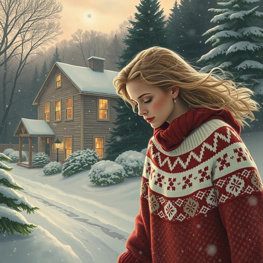 Woman in Fair Isle Sweater in Winter Landscape