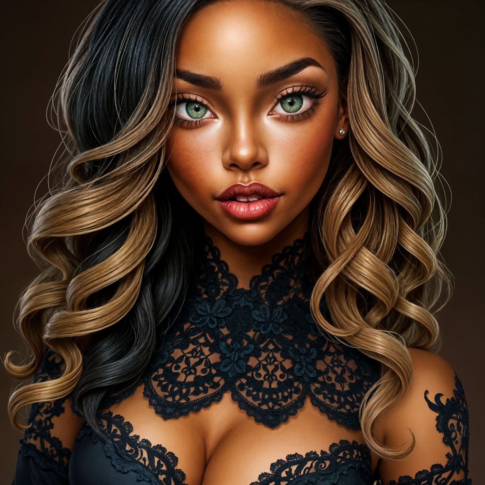 Stunning Young Woman with Emerald Eyes and Lace Corset