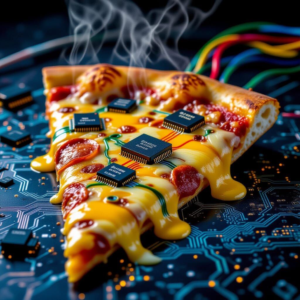 Surreal Pizza Fusion: Electronic Wires Replace Toppings