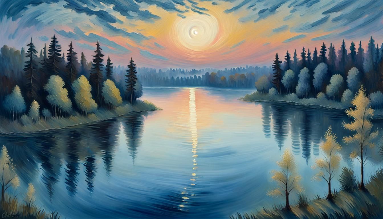 Twilight Lake and Forest Landscape Painting