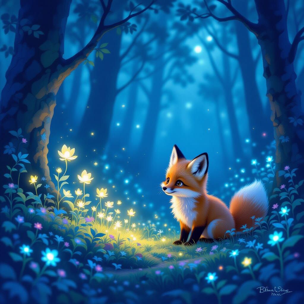 Ethereal Forest Clearing with Sprites and Fox Cub