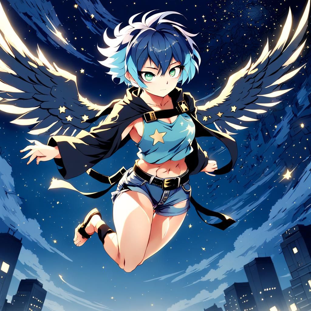 Anime Harpy Flying in Starry Night Sky