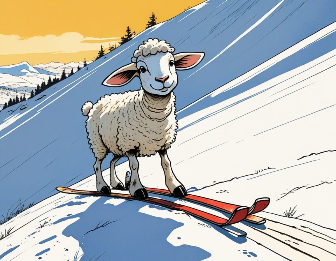Lamb on Skis in Bill Watterson Cartoon Style