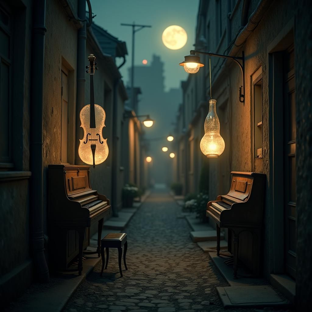 Musical Instruments in Moonlit Alleyway: Concept Art