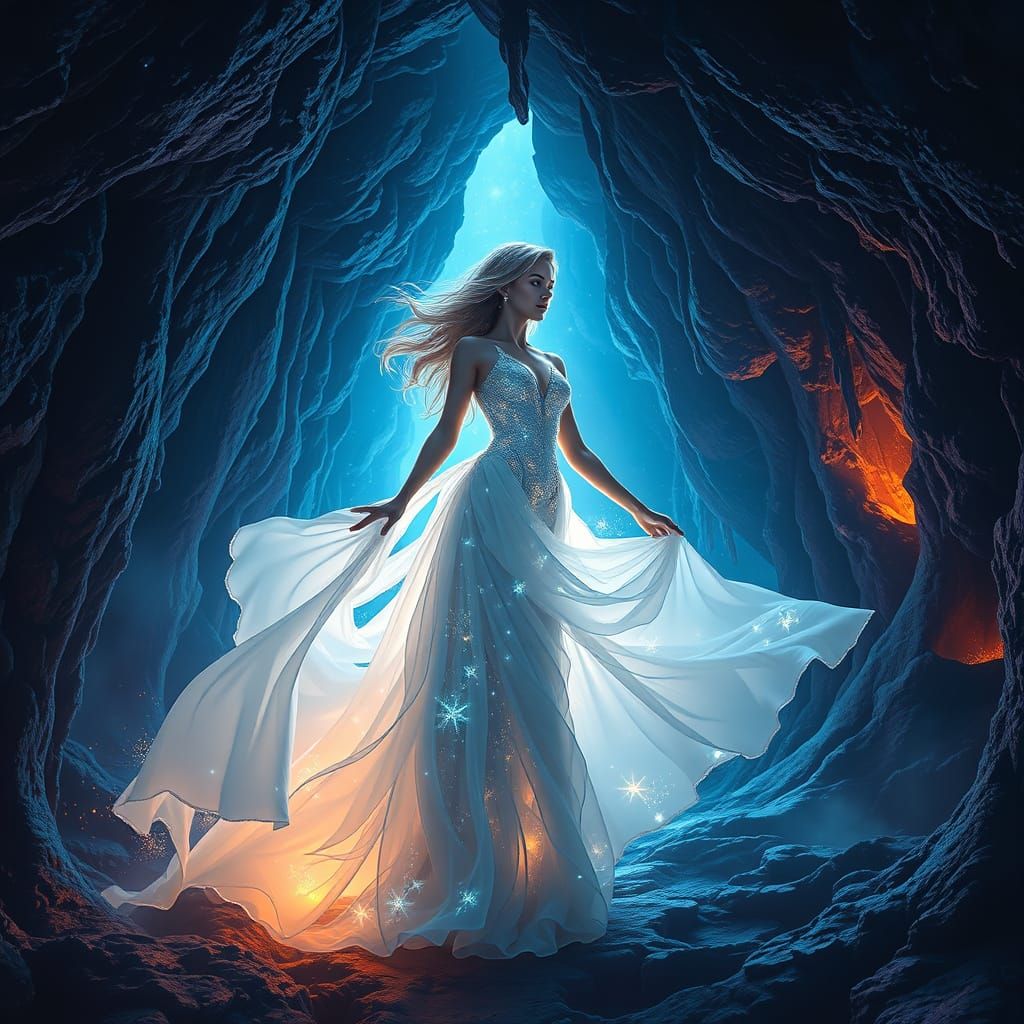 Glowing Goddess in Luminous Cave Environments