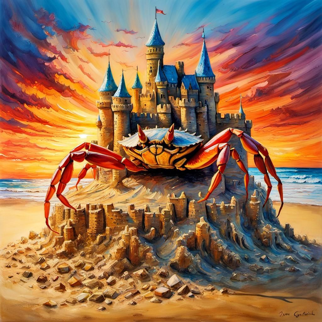 Cute Crab on Sandcastle: Encaustic Beach Sunset