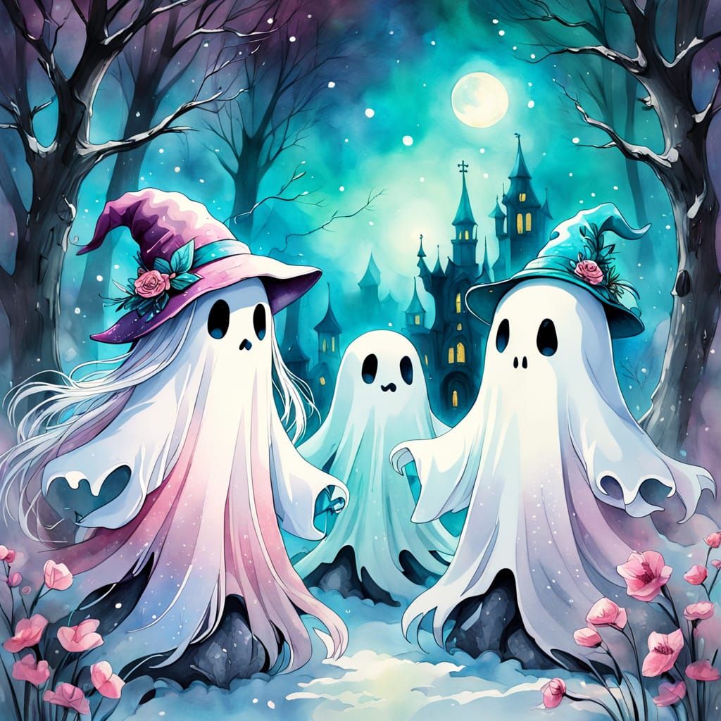 Cute Ghosts in Pastel Fantasy Art Style