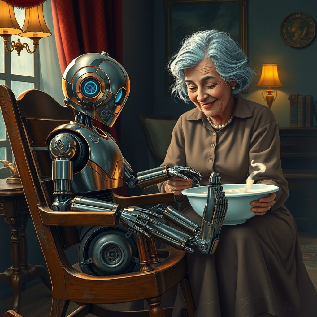 Robot Receives Foot Washing in Rockwell Illustration Style