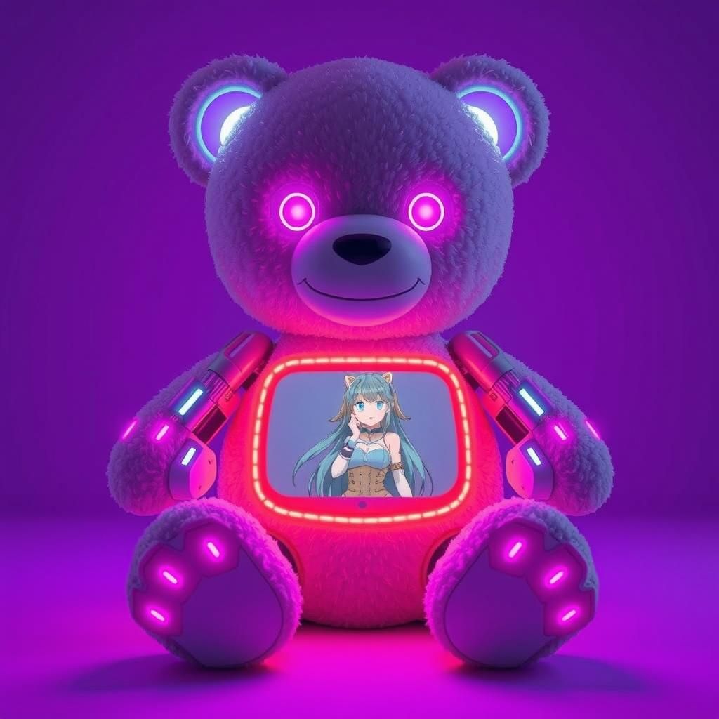 Cybernetic Teddy Bear with Anime Screen in Synthwave Style