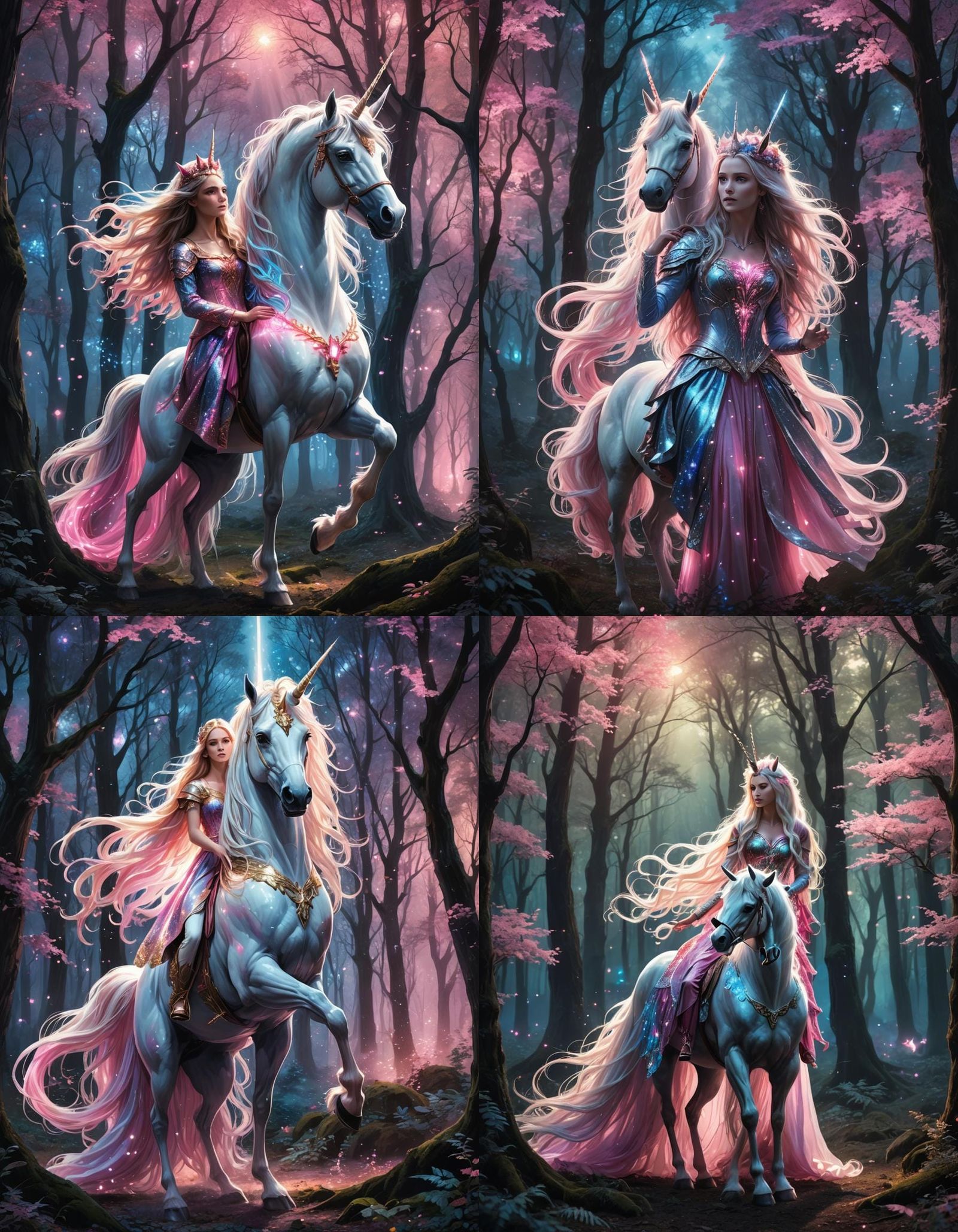 Unicorn and Rider in Glowing Forest