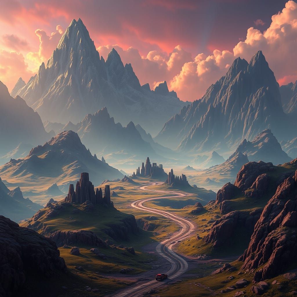 Surreal Fantasy Road Landscape with Mystical Ruins and Neon...