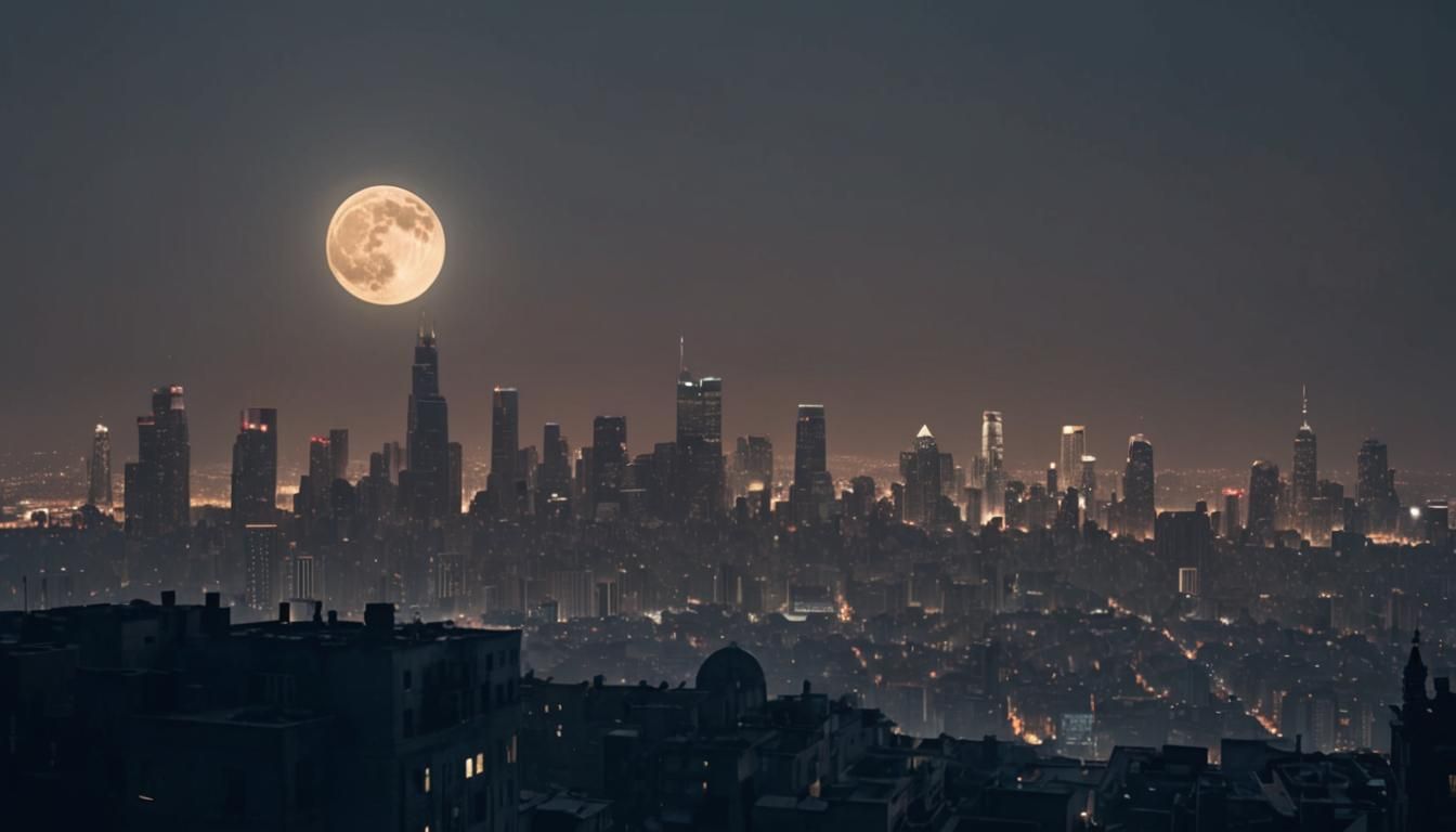 Epic Night Cityscape with Full Moon