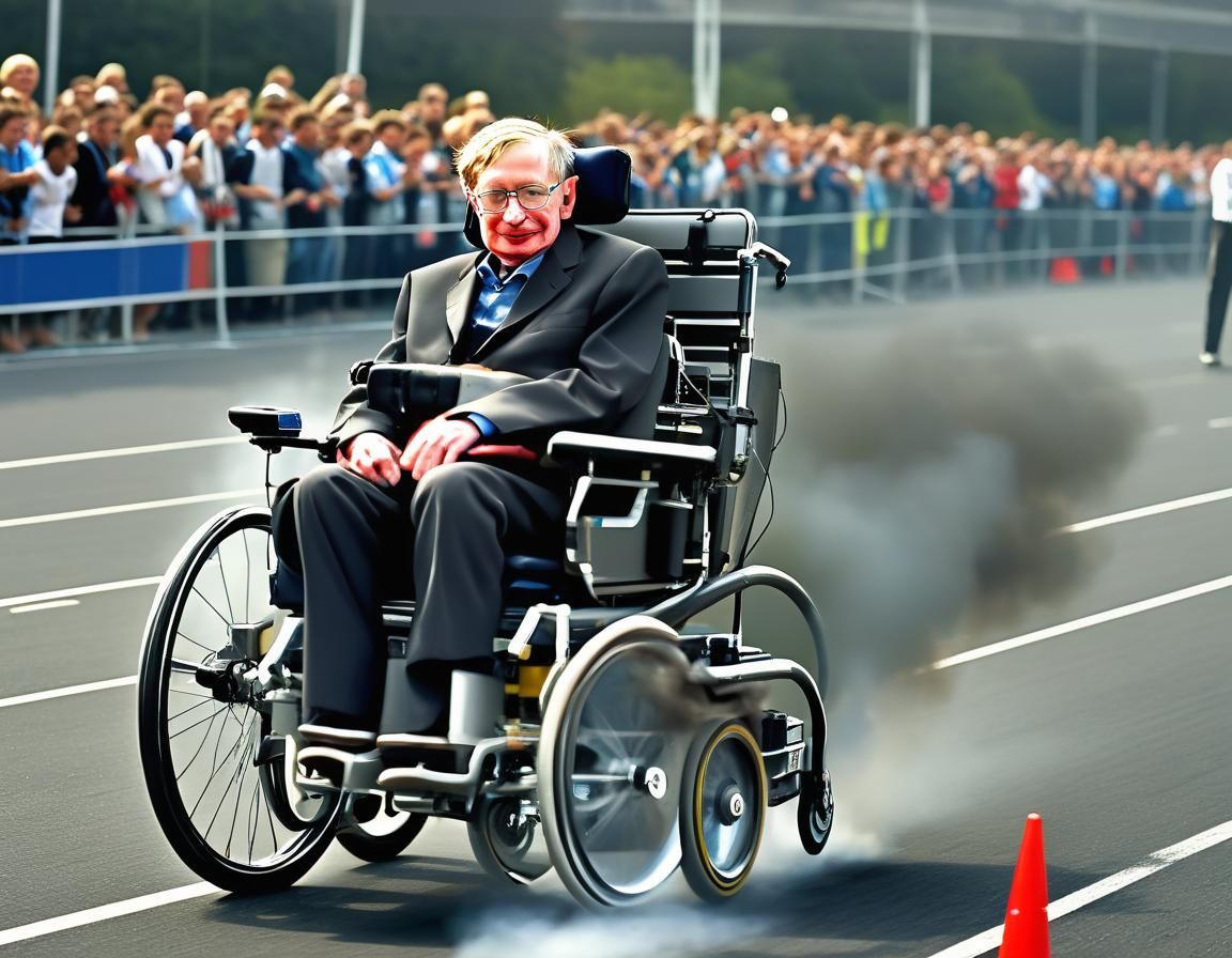 (Stephen Hawking in a rocket powered wheelchair in a race:1....