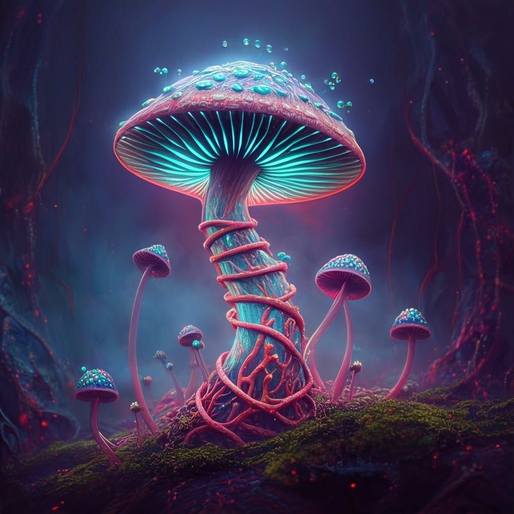 Bioluminescent Alien Mushroom with Coral Stem