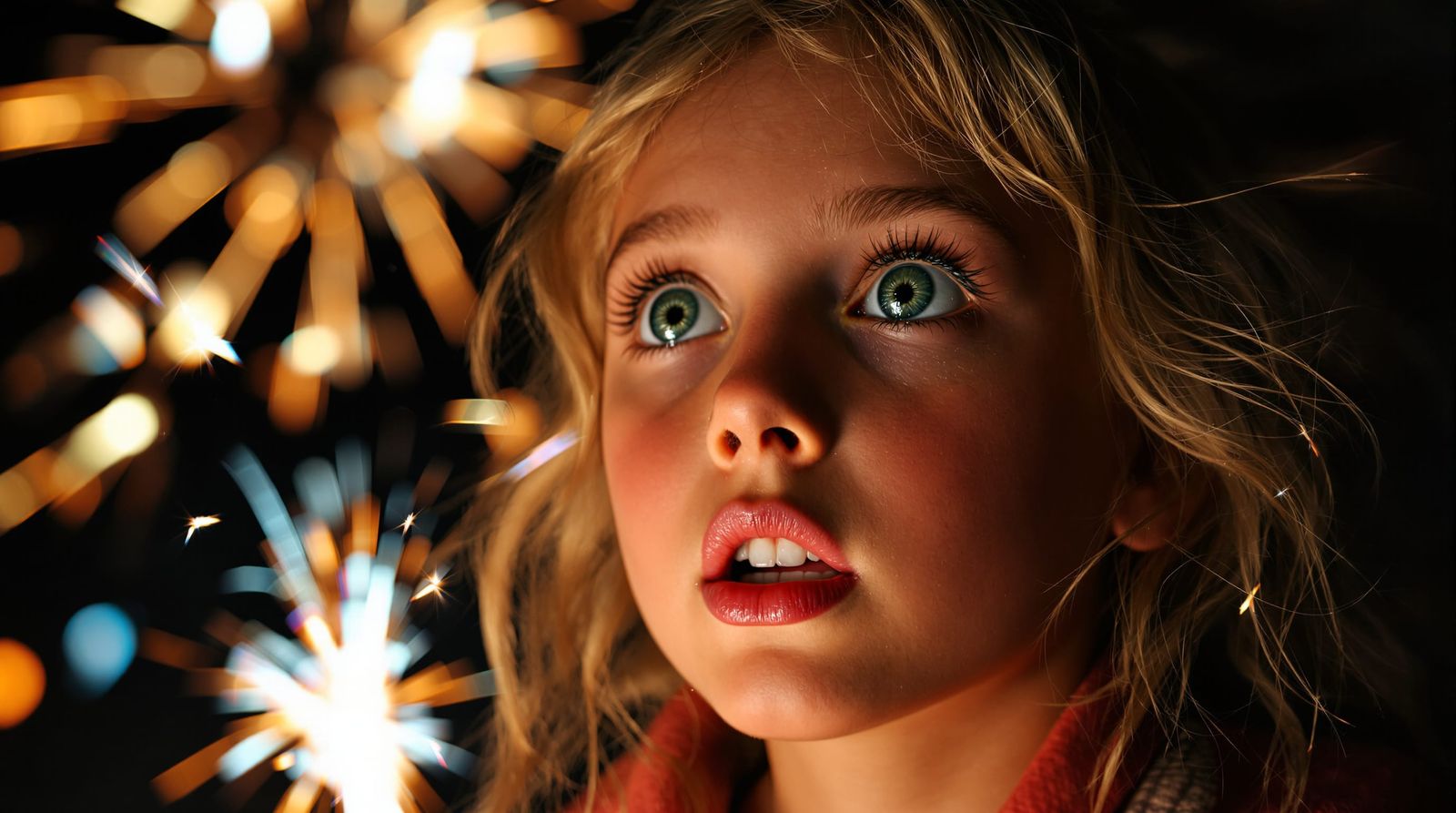 Girl's Wonder: Firework Reflections in Eyes