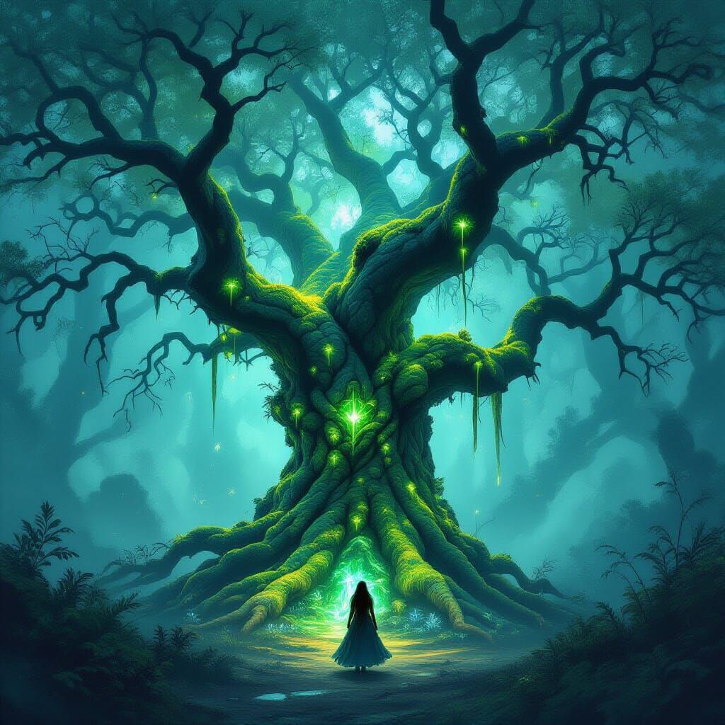 Ancient Gnarled Tree with Bioluminescent Moss in Enchanted F...