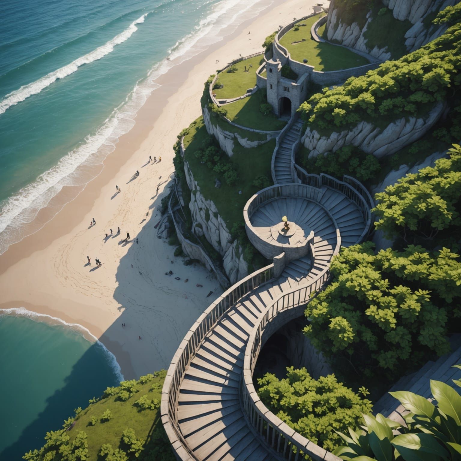 Winding Staircase to Beach: 3D Anime Art