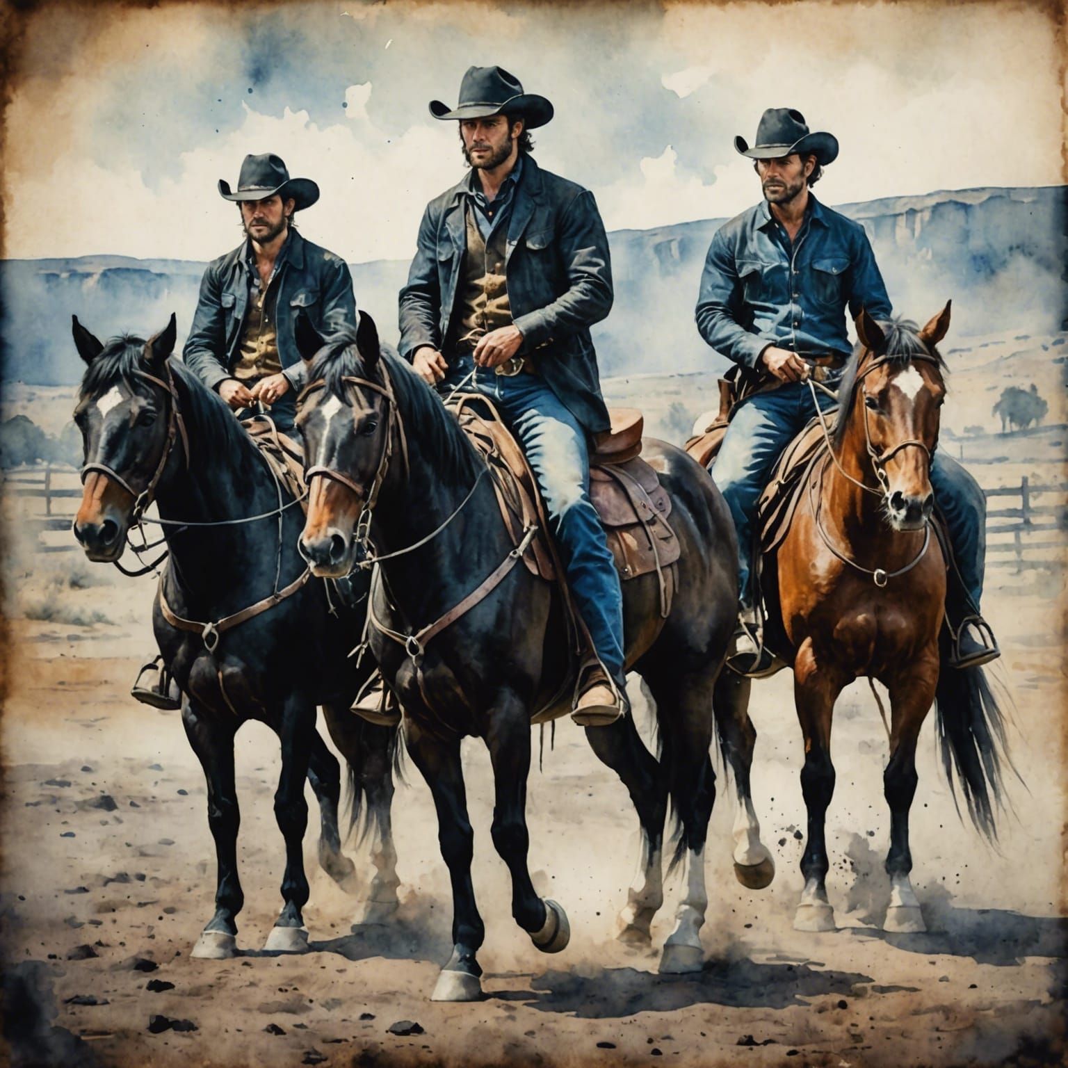 Cowboy Rides Two Horses in Watercolor