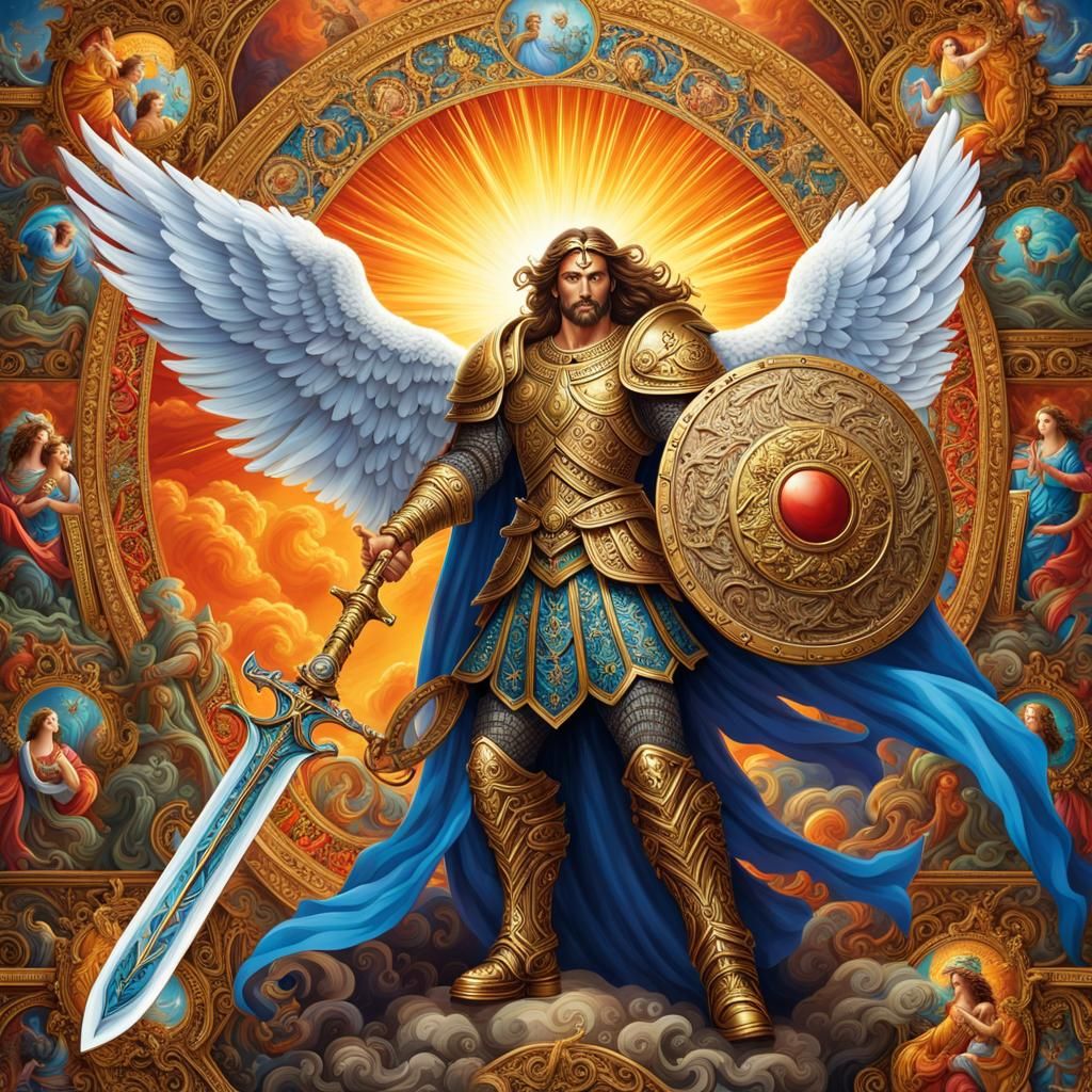 Warrior Angel Battling Demonic Choir in Maximalist Style