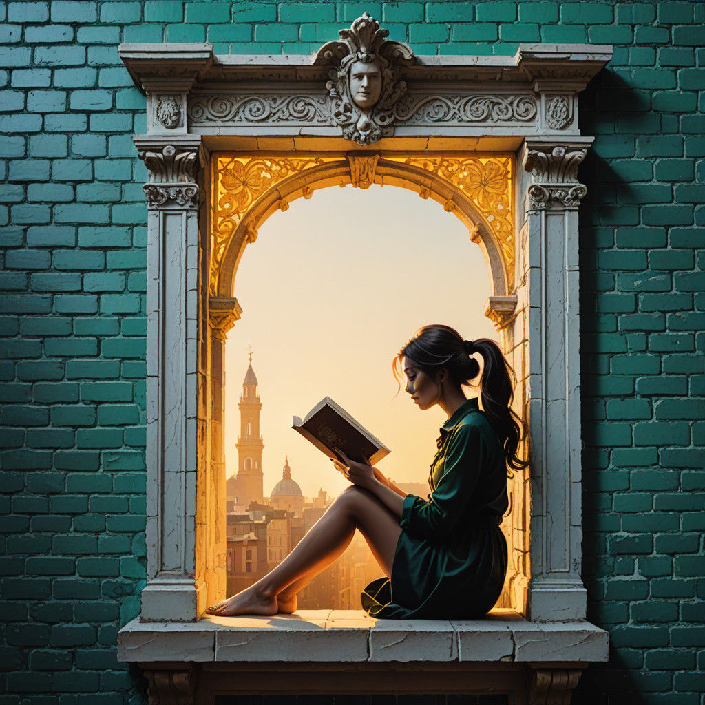 Elegant Woman in Classical Window Niche Reads By Golden Ligh...