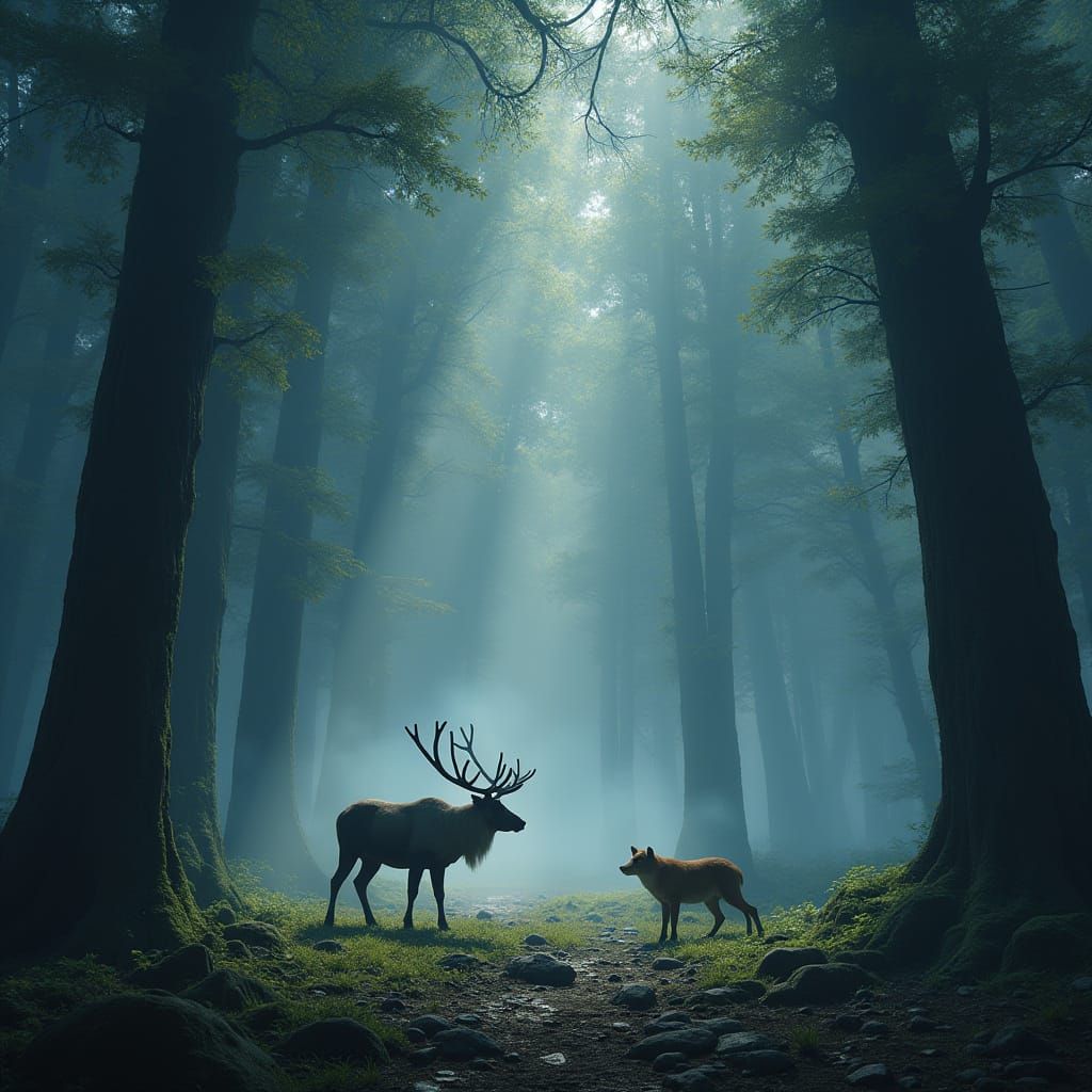 Ancient Forest with Reindeer and Foxes in Cosmic Fantasy Sty...