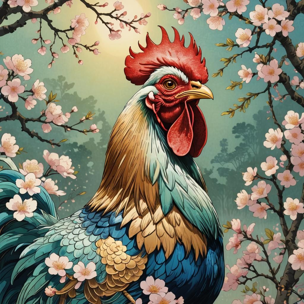 Chinese Rooster in Ukiyo-e Style Garden