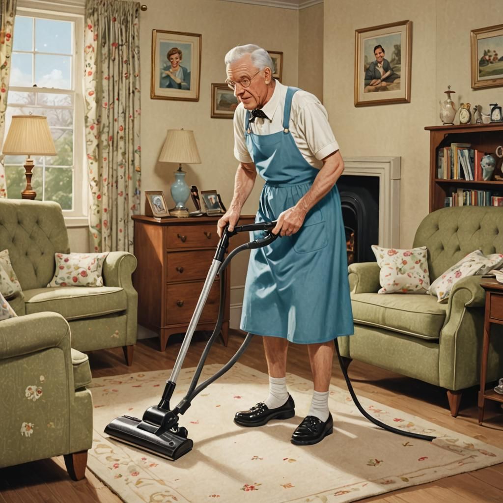 Elderly Man as 1950s Housewife in Storybook Illustration