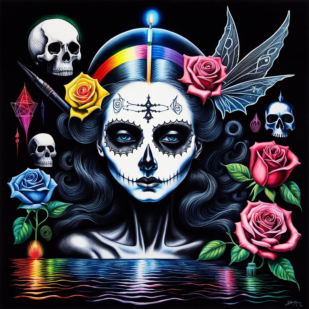 Surreal Crayon Drawing: Goth Woman in Pain